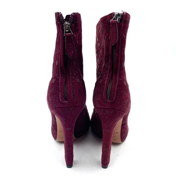Alaia Purple Suede Boots Floral Pattern Heels Embroidered Ankle 37.5 / 7.5